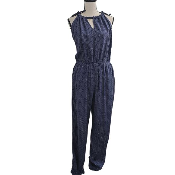 Abercrombie & Fitch Sz MFloral Jumpsuit Navy Blue Keyhole Neck Resortwear Boho - Picture 1 of 11